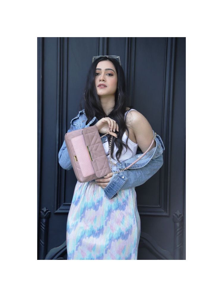 Yelloe Multi Compartment Color Blocked Handbag In Pink