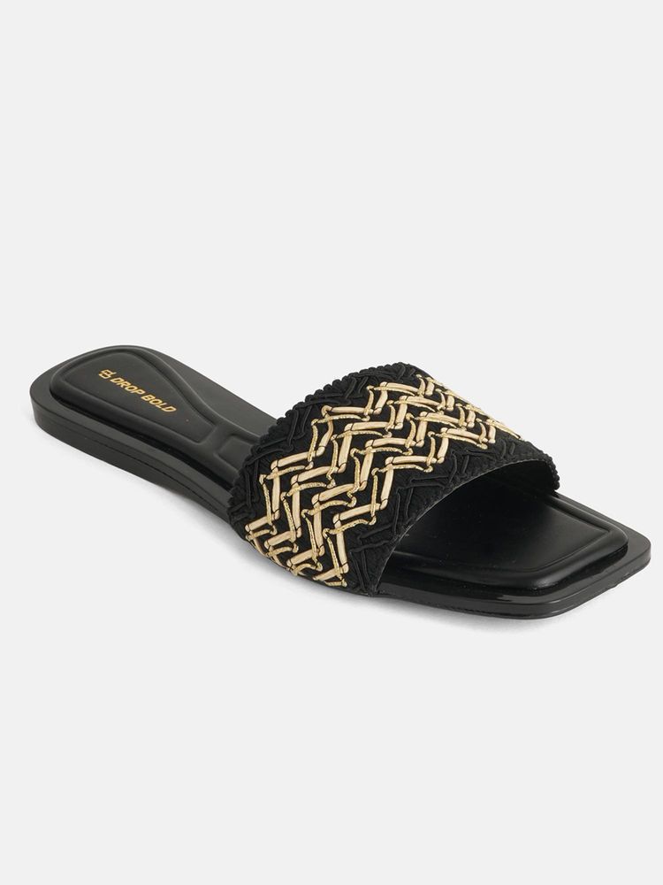 Drop Bold Black Textured Square Toe Embellished Flats For Women-image-30