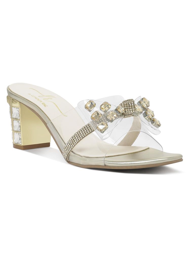 London Rag Women Gold Clear Diamante Embellished Block Heels-image-49