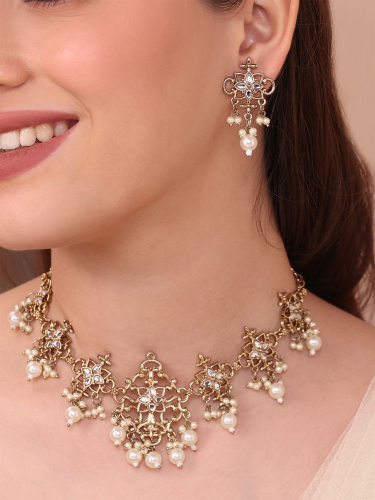 Fida Traditional Gold-Tone Floral Choker Necklace And Earrings Set-picture-22