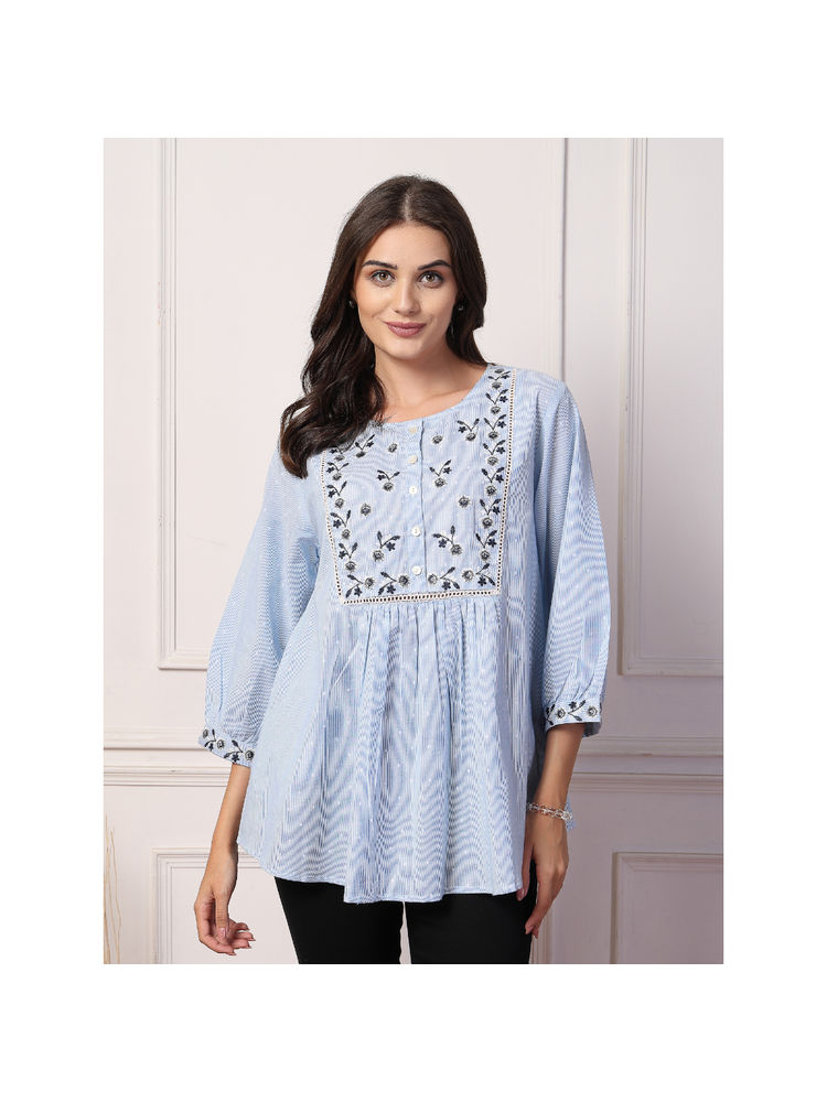 Zelena Women Blue Cotton Embroidered Maternity Zipless Feeding Top-image-42