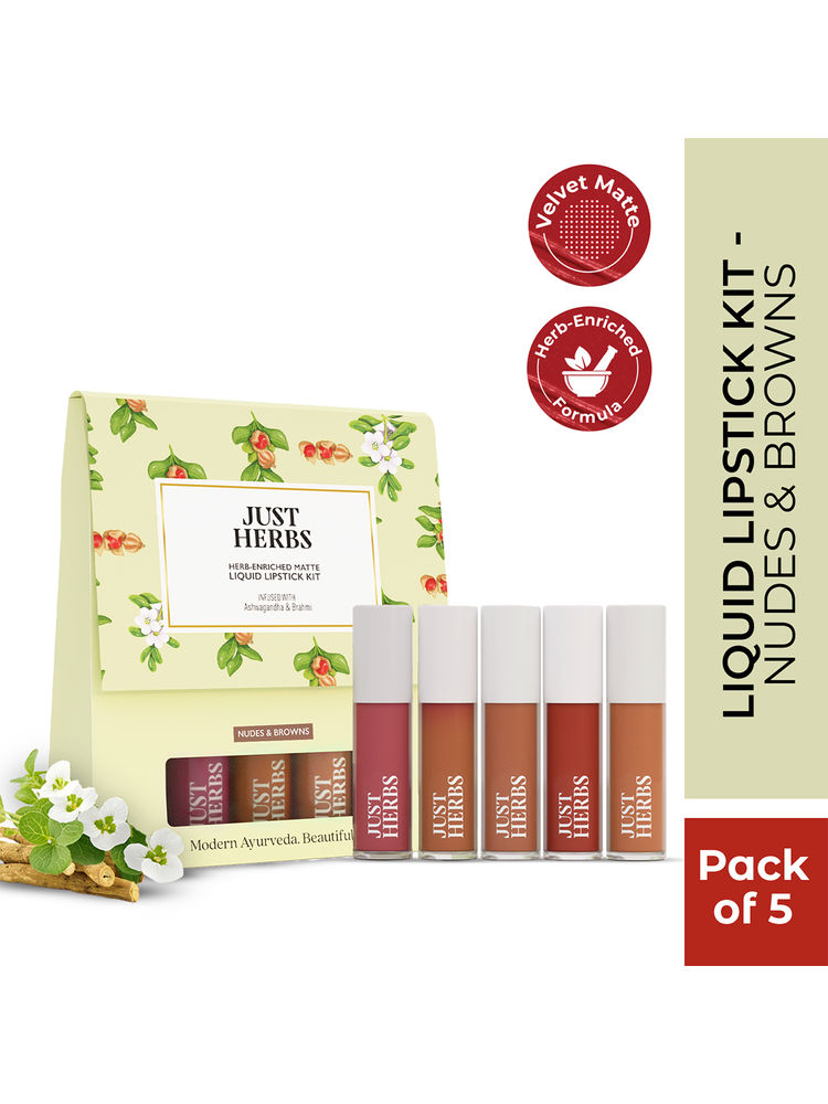 Just Herbs Herb Enriched Matte Liquid Lipsticks, Deeps & Reds, Hydrating & Lightweight - Pack of 5