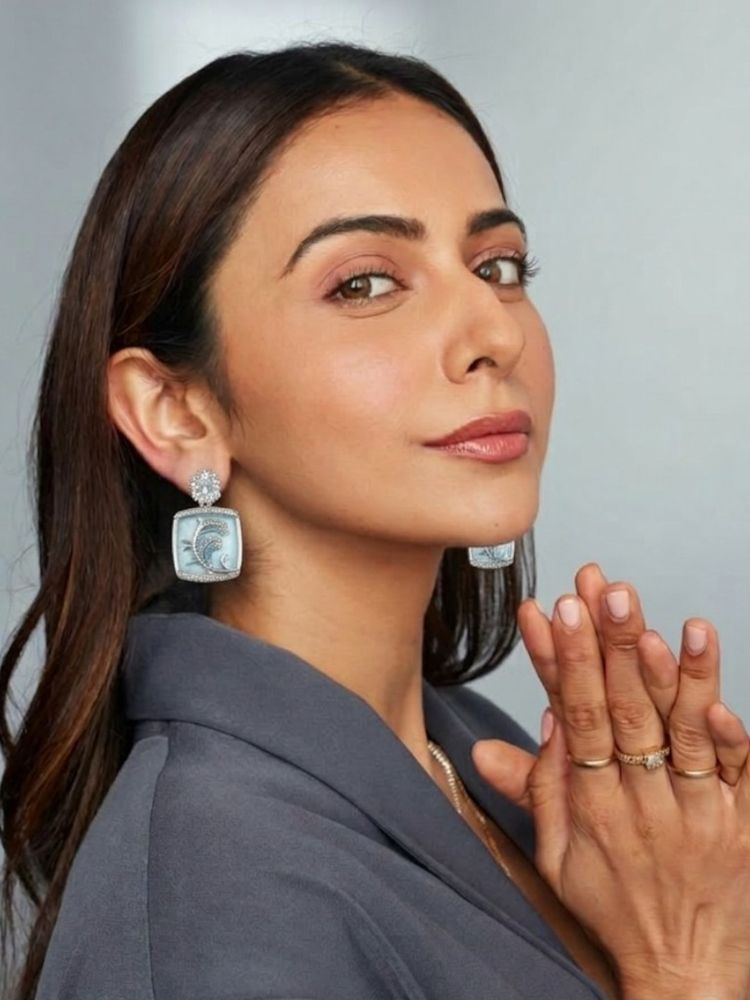 Accessher Silver Ad Blue Square Stud Drop Dangler Earrings-image-10