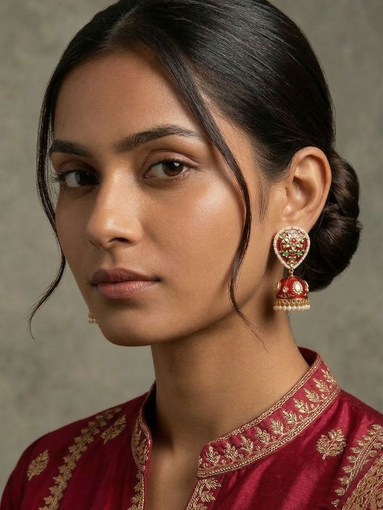 Niscka Maroon Red Meenakari Kundan Beaded Jhumka-image-44