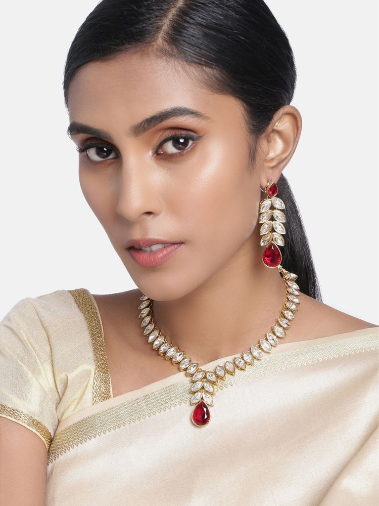 Peora Gold Plated Traditional Maroon Crystal Studded Jewellery Set-picture-16