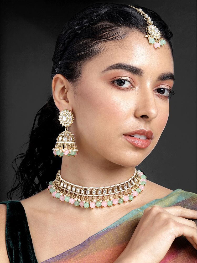 Peora Gold Plated Pink Mint Kundan Studded Jewellery Set-picture-23