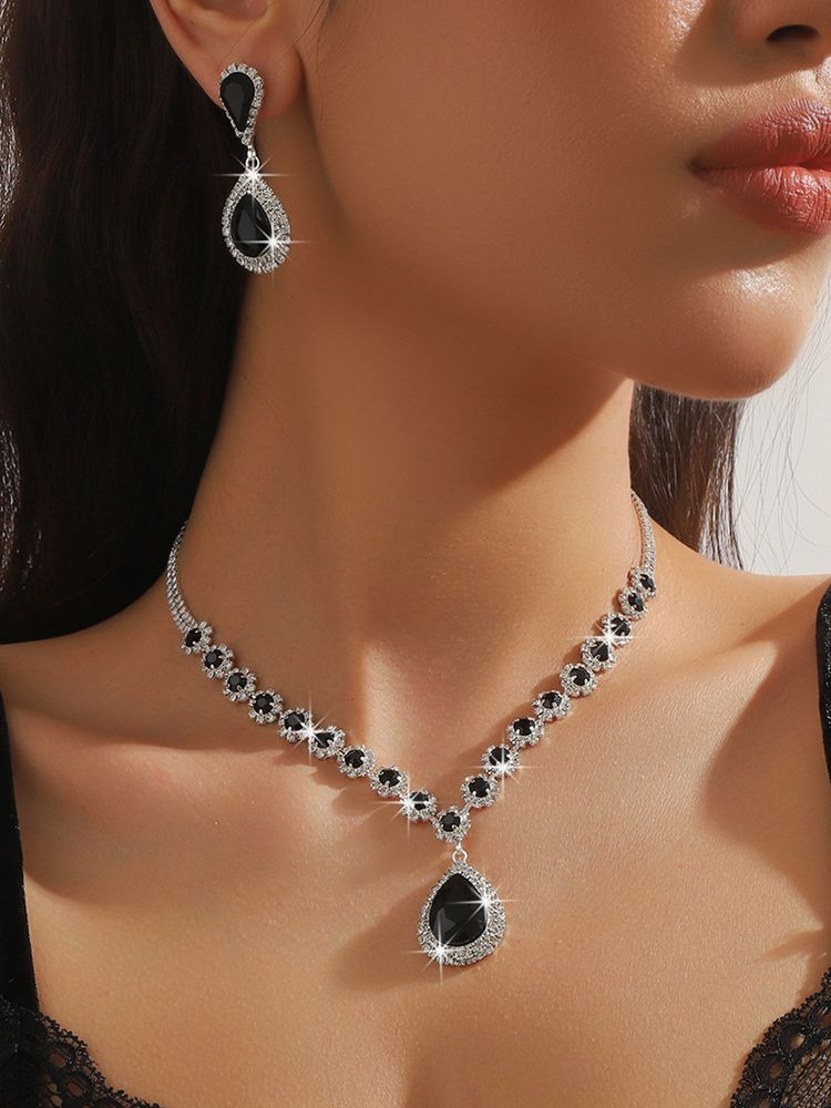 Peora Silver Plated Cz And Black Crystal Studded Jewellery Set-image-45
