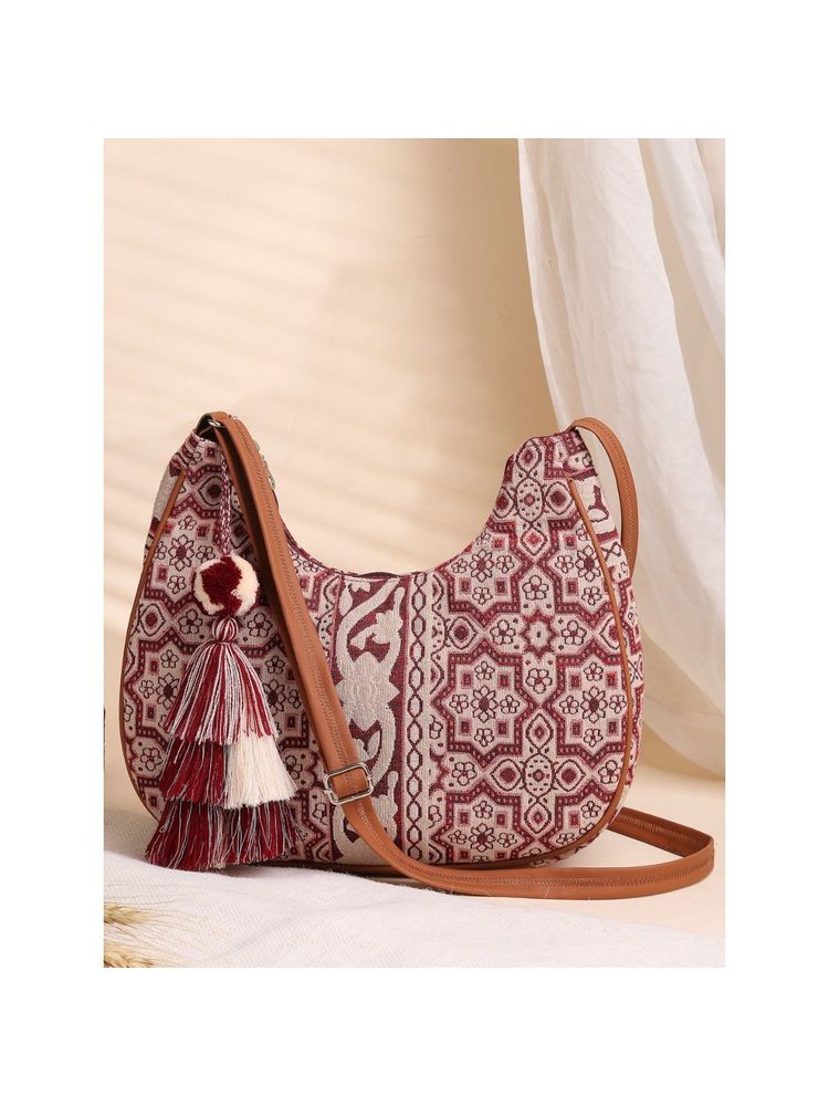 Anekaant Tribal Wine, Ivory & Tan Tribal Cotton Jacquard Sling Bag-image-23