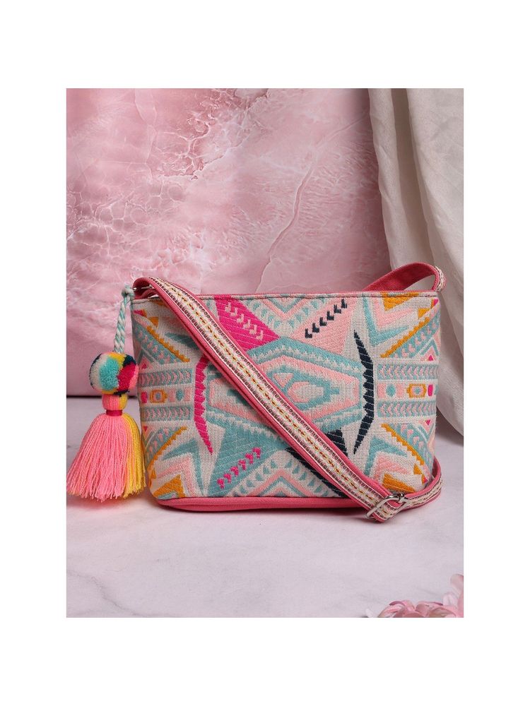 Anekaant Boho Fluorescent Pink & Multi Ethnic Jacquard Cotton Sling Bag-image-15
