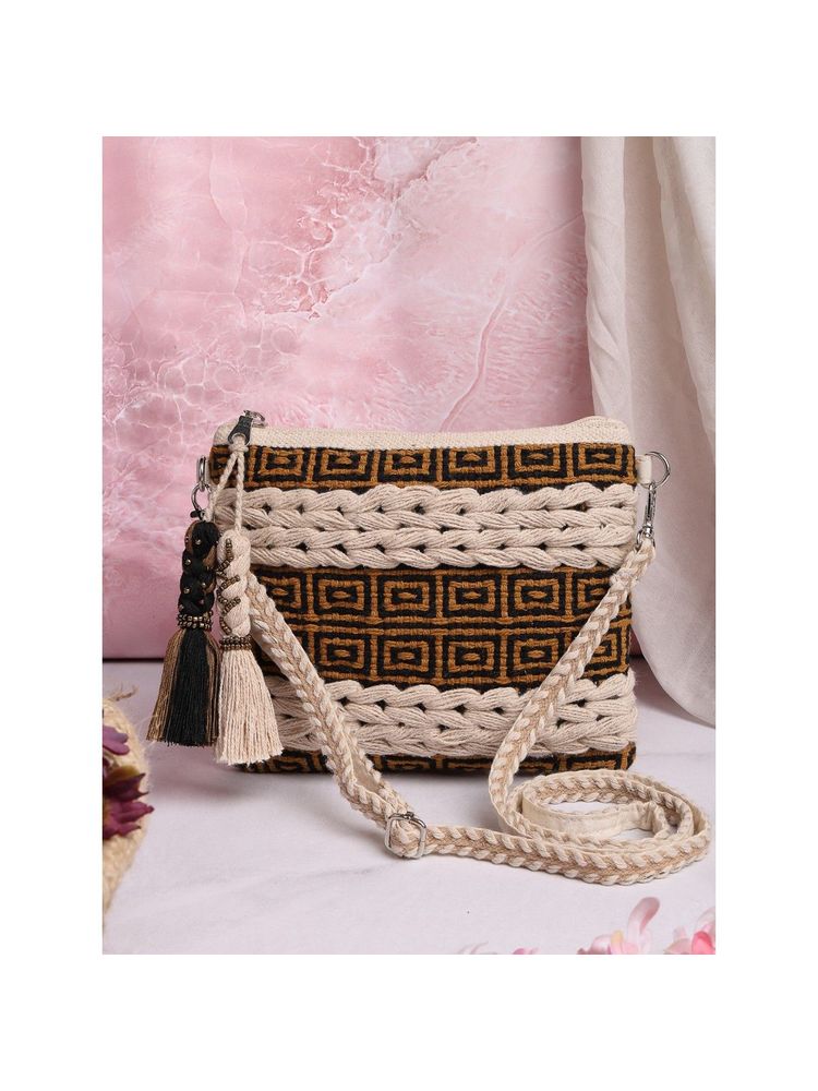 Anekaant Boho Natural , Black and Mustard Crochet Stitch Striped Canvas Dari Sling Bag-picture-22