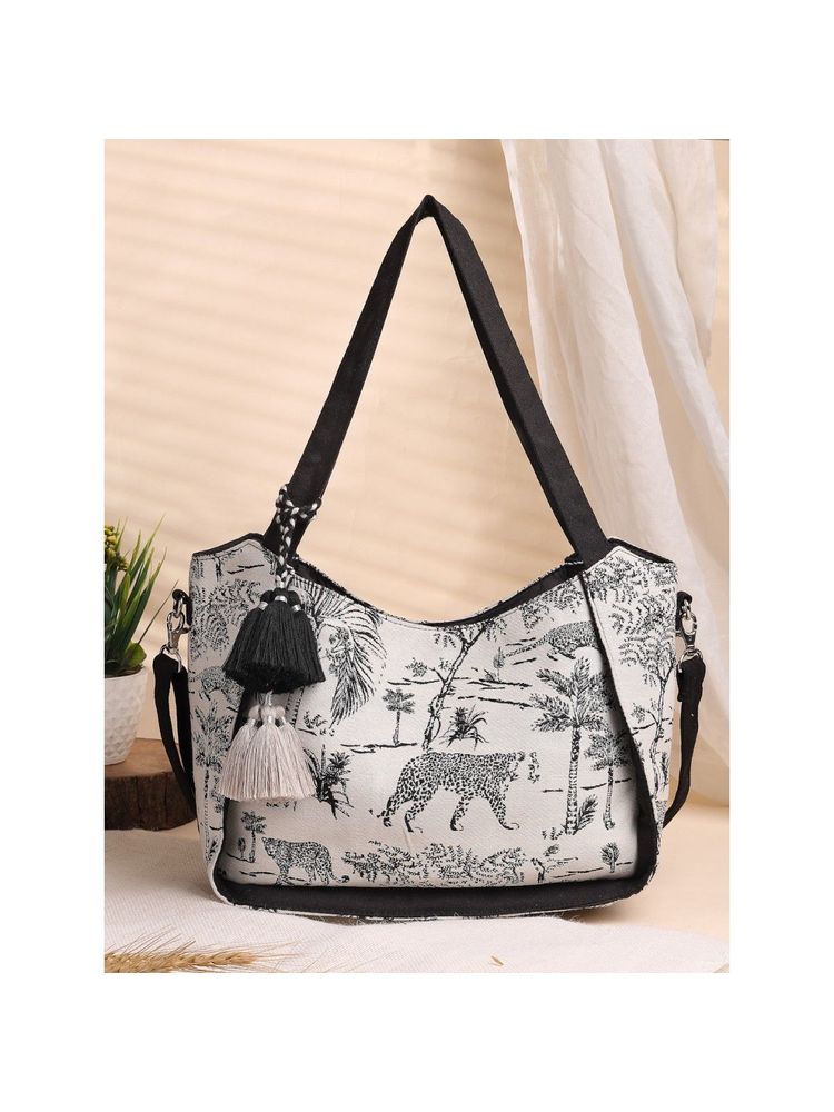 Anekaant Jungle Black & Off White Toile Cotton Jacquard Tote Bag-image-5