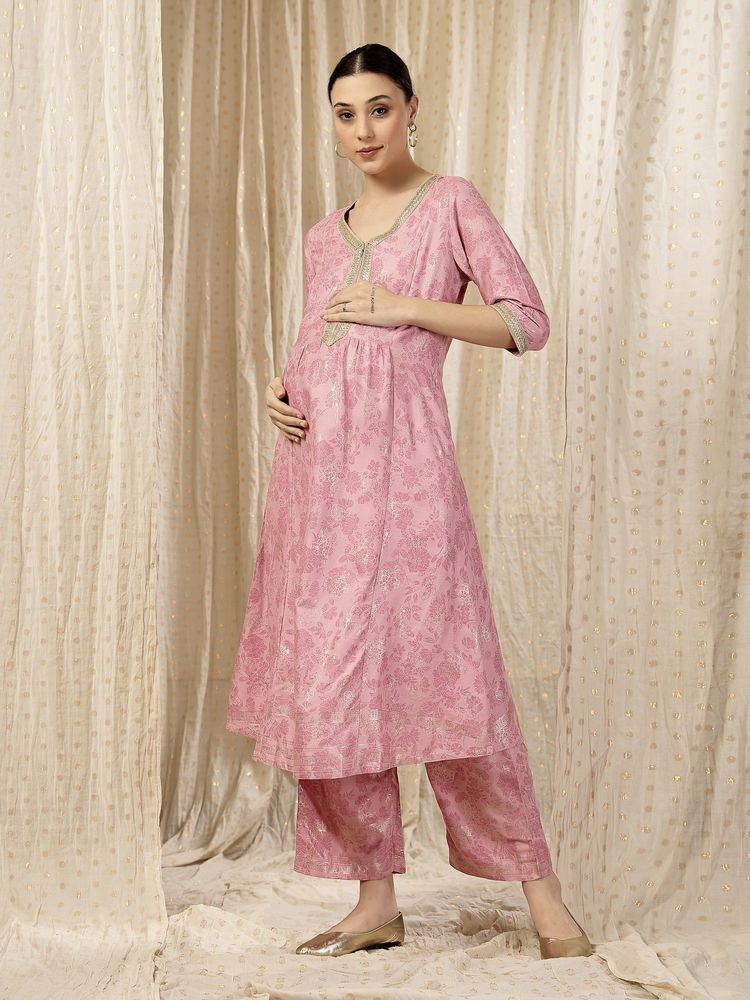 Zelena Elegant Rayon Kurta With Pant - Zip Feeding, Pocket, Postpartum Wear - Pink-image-3