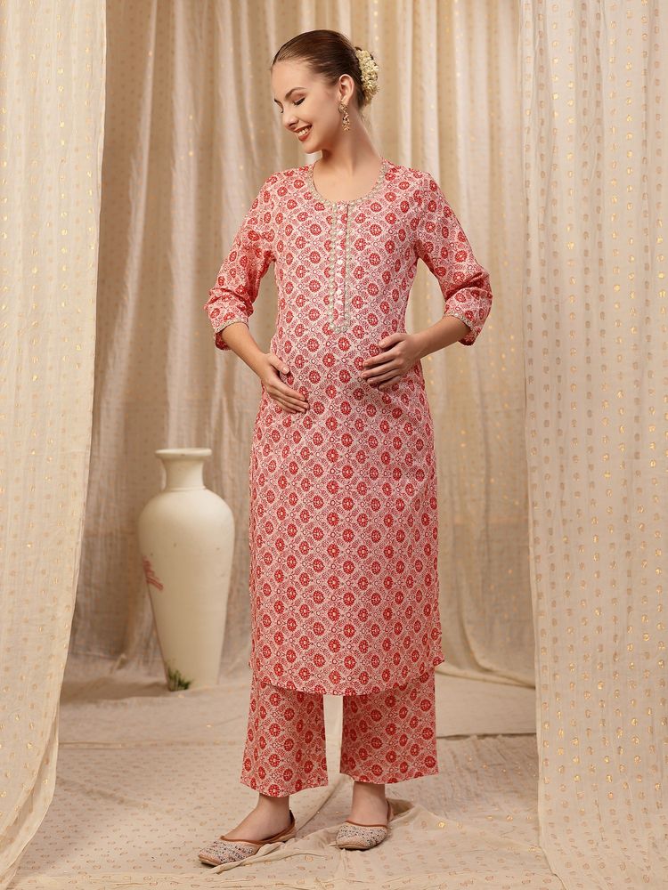 Zelena Cotton Maternity Kurta With Pant - Feeding, Postpartum Wear - White Pink Floral-picture-27