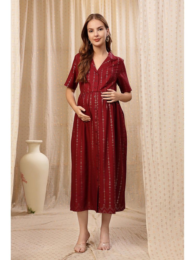 Zelena V-Neck Rayon Maternity Dress - Zipless Feeding, Postpartum Friendly - Burgundy-picture-18