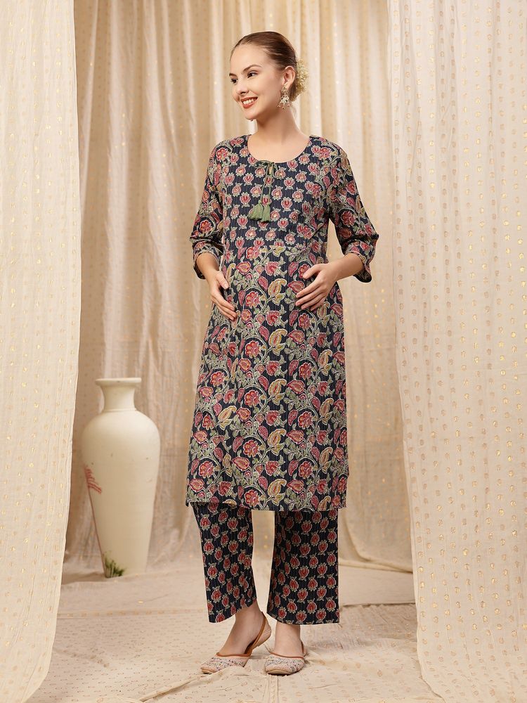 Zelena Floral Cotton Kurta With Pant - Zip Feeding, Postpartum Wear - Navy Blue-picture-21