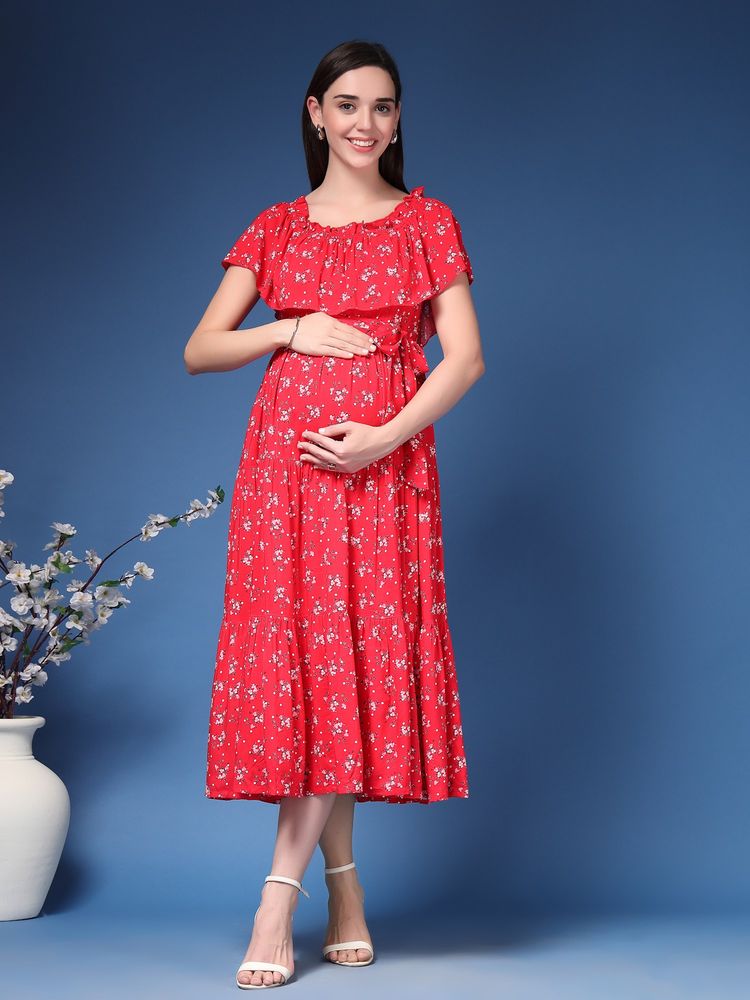 Zelena Cotton Maternity Feeding Dress - Red-picture-18