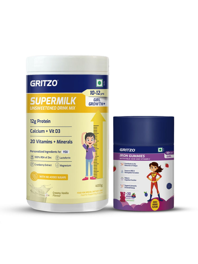 Gritzo Supermilk Growth+ Unsweetened (10-12Y Girl) (Creamy Vanilla) & Iron Gummies (Mixed Berry)-picture-24