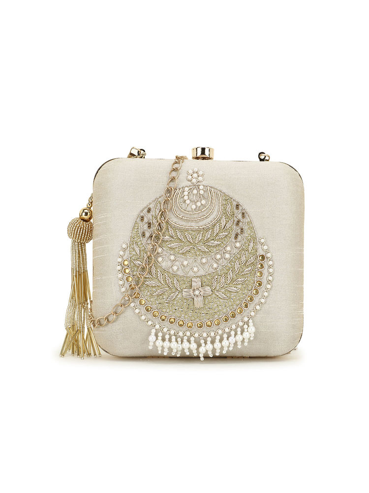 Anekaant Vista Off White and Gold Embellished Faux Silk Clutch-image-8
