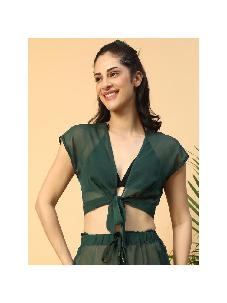 Oxolloxo Womens Icon Solid Green Tie-Up Knot Detail Beachwear Crop Top-image-38