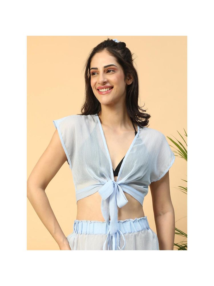 Oxolloxo Womens Flowing Solid Blue Short Sleeve Tie-Up Knot Detail Beachwear Crop Top-picture-10