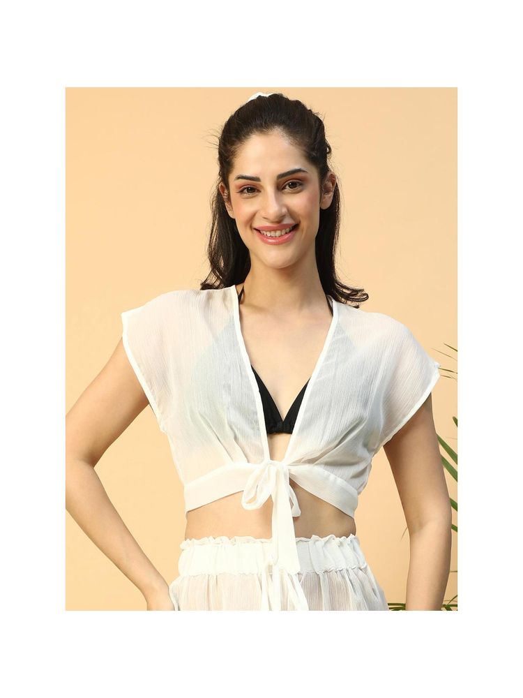 Oxolloxo Womens Barely Solid White Short Sleeve Tie-Up Knot Detail Beachwear Crop Top-picture-11