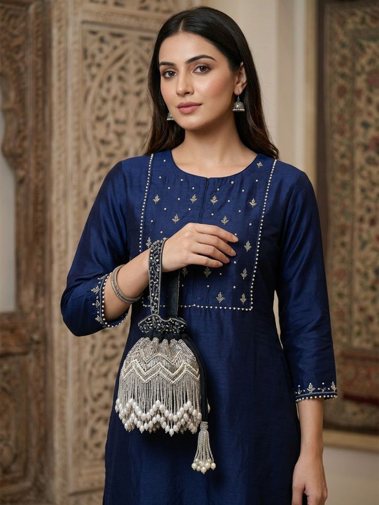 Odette Black Suede Cutdana and Pearl Embellished Potli Bag-picture-10