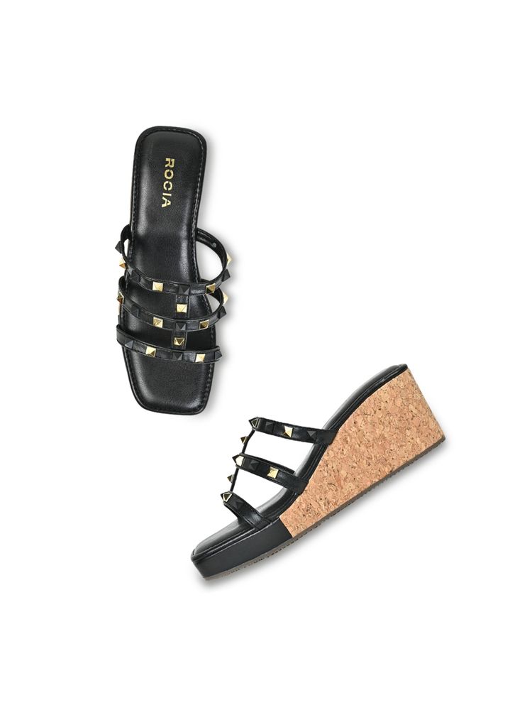 ROCIA Black Women T Strap Studded Wedges-image-15
