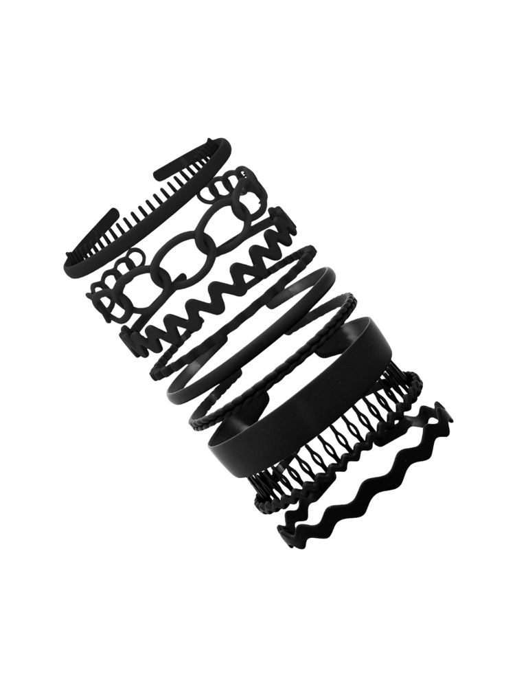 Matra Hair Bands Set of 9 Black Matte Plain Headband Thick & Thin, Zigzag, Wavy Comb Nonslip Plastic-image-6