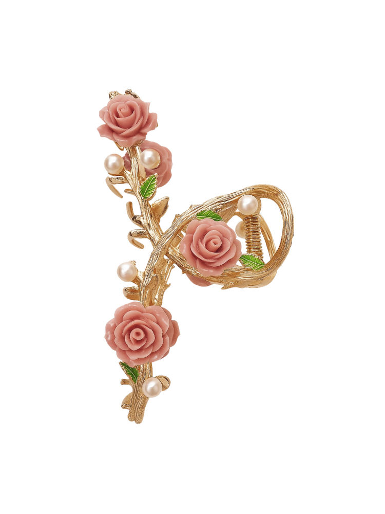 Matra Luxe Golden Claw Clip Hair Clutcher Embellished Metal Pink Rose, Pearls & Flower Large Big-picture-1