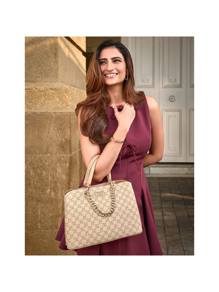 U.S. POLO ASSN. Zoe Beige Satchel Handbag with Monogram Print-picture-13
