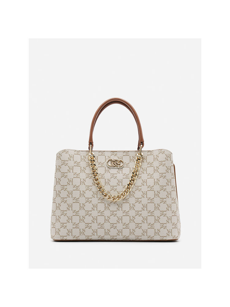 U.S. POLO ASSN. Zoe Off White Satchel Handbag with Monogram Print