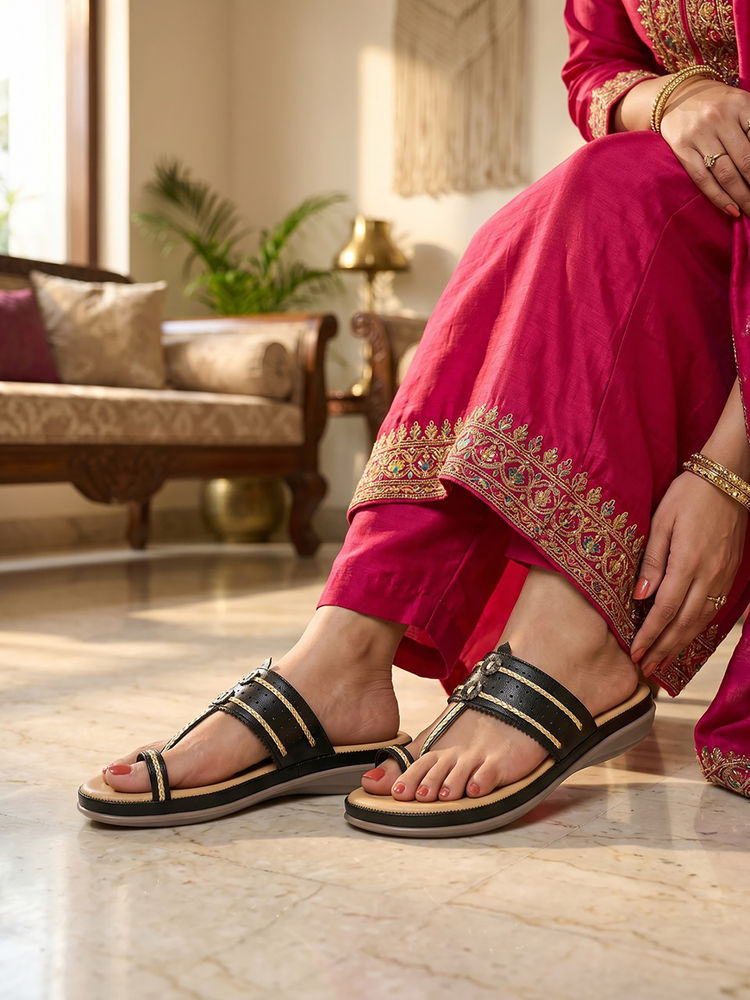 ROCIA By Regal Black Women Kolhapuri Flat Comfort Sandals-picture-11