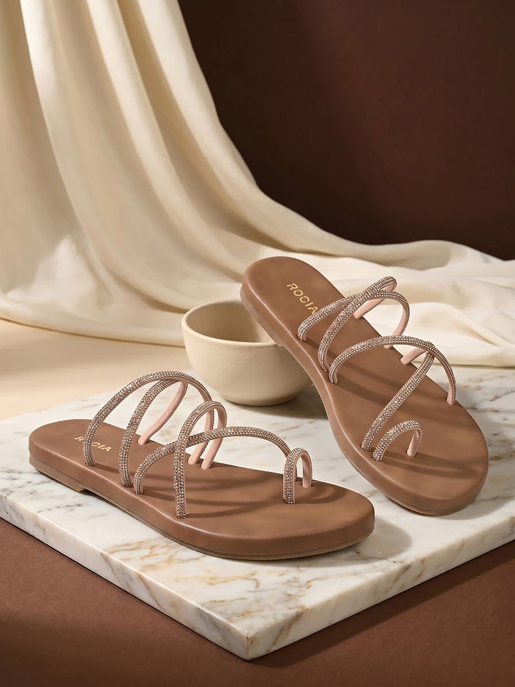 ROCIA By Regal Rose Gold Women One-Toe Crisscross Diamond Flats-image-10