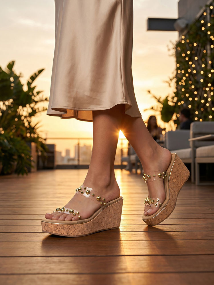 ROCIA By Regal Gold Women Vinyl Studded Cork Heels-image-11