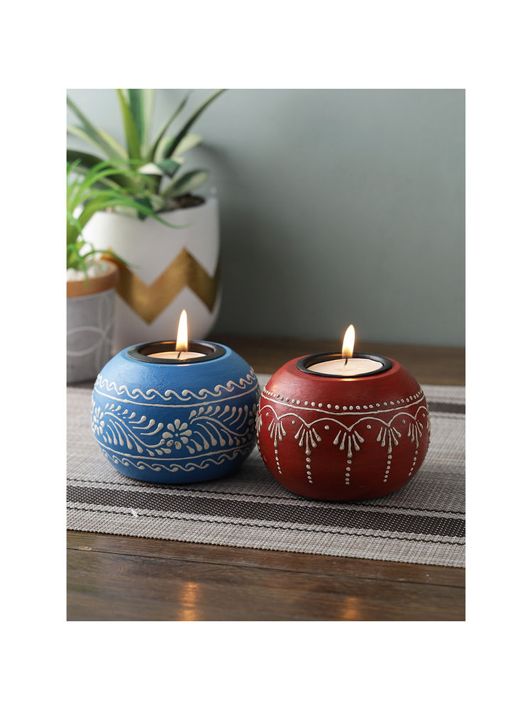 AAPNO RAJASTHAN Traditional Design Wooden Set Of 2 Red & Blue Tea Light Candle Holder-image-7