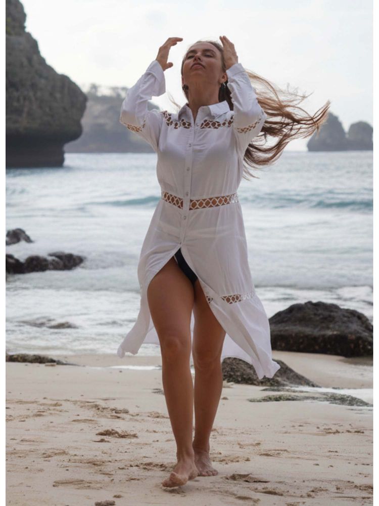 Keepfit Women'S White Liva Viscose Rayon Lace Insert Beach Cover Up Shirt-picture-24