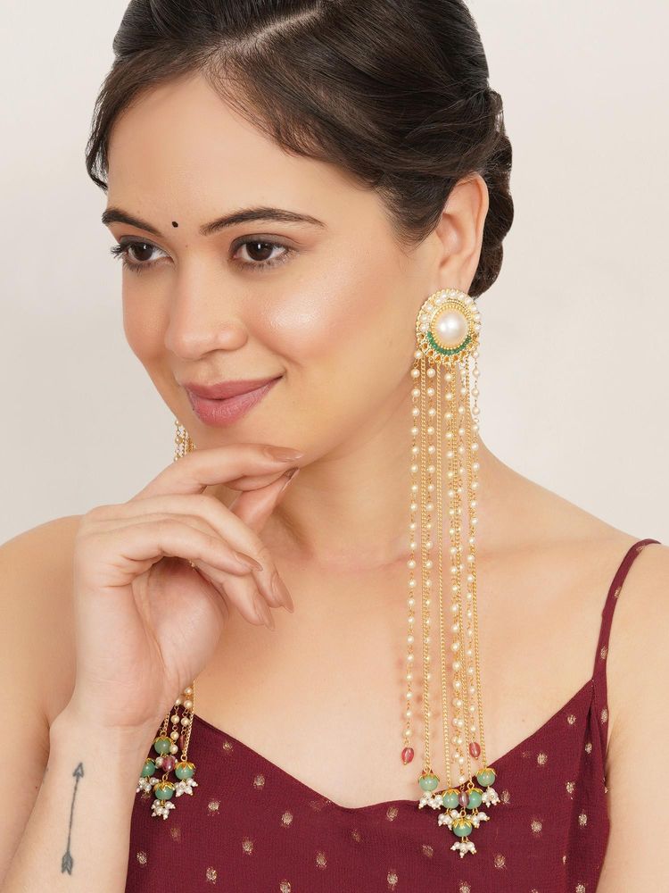 BeAbhika Majestic Tassel Drops: Long Multi-Chain Statement Earrings Green-image-30
