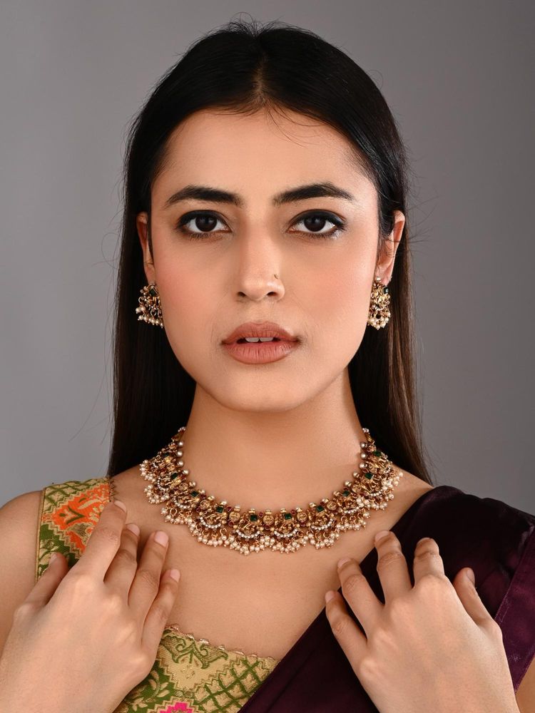 Anvik Ruby Pearl Filigree Elephant Necklace Earrings Set Green-image-13