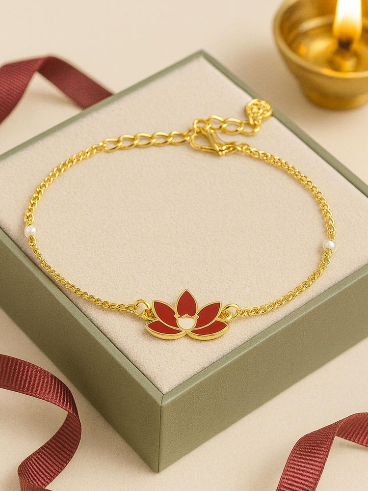 Estele Adjustable Graceful Gold Finish Red Lotus Chain Anklet with Pearls-picture-11