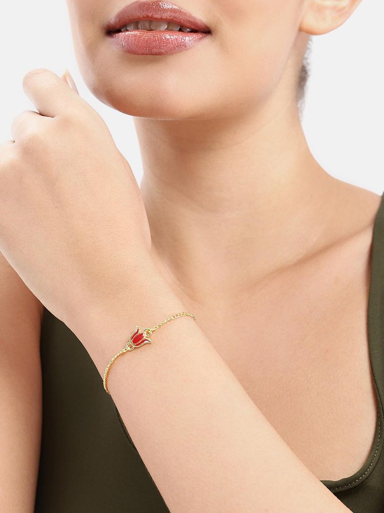 Estele Adjustable Classy Gold Plated Red Lotus Charm Chain Bracelet-image-31