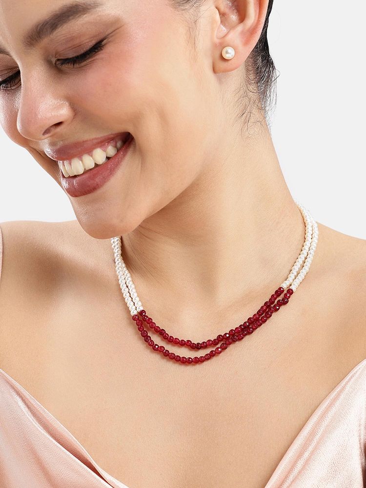 Estele Adjustable Majestic Gold Finish White-Ruby Pearl Bead 2 Layer Jewellery Set-image-7