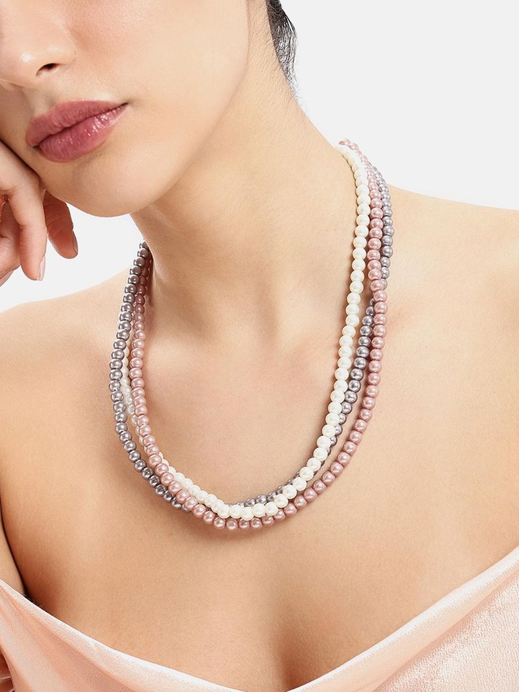 Estele Adjustable Bold Gold Plated Twisted 3 Layer Multi-Colour Pearl Jewellery Set-image-40