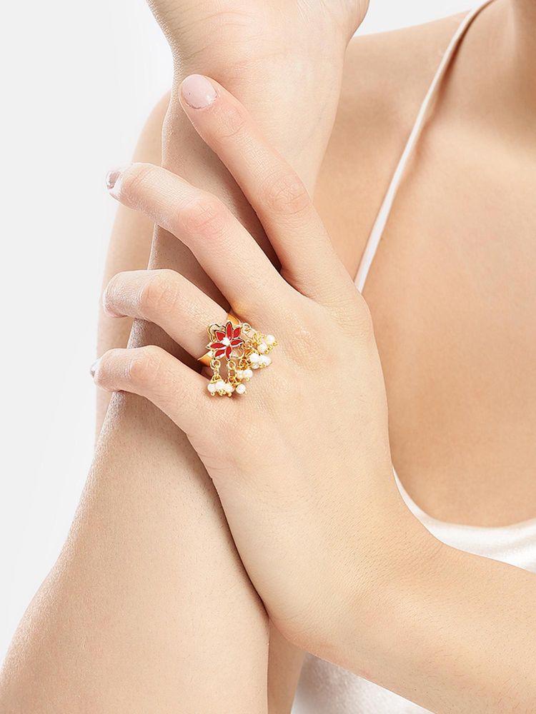 Estele Adjustable Graceful Gold Plated Red Lotus Adjustable Ring with Pearls-image-32