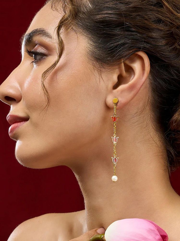 Estele Chic Red Lotus Linear Pearl Dangler Earrings-image-8