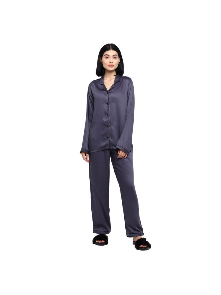 Shopbloom Ultra Soft Dark Grey Modal Satin Long Sleeve Women's Night Suit |Lounge Wear - Grey-picture-10