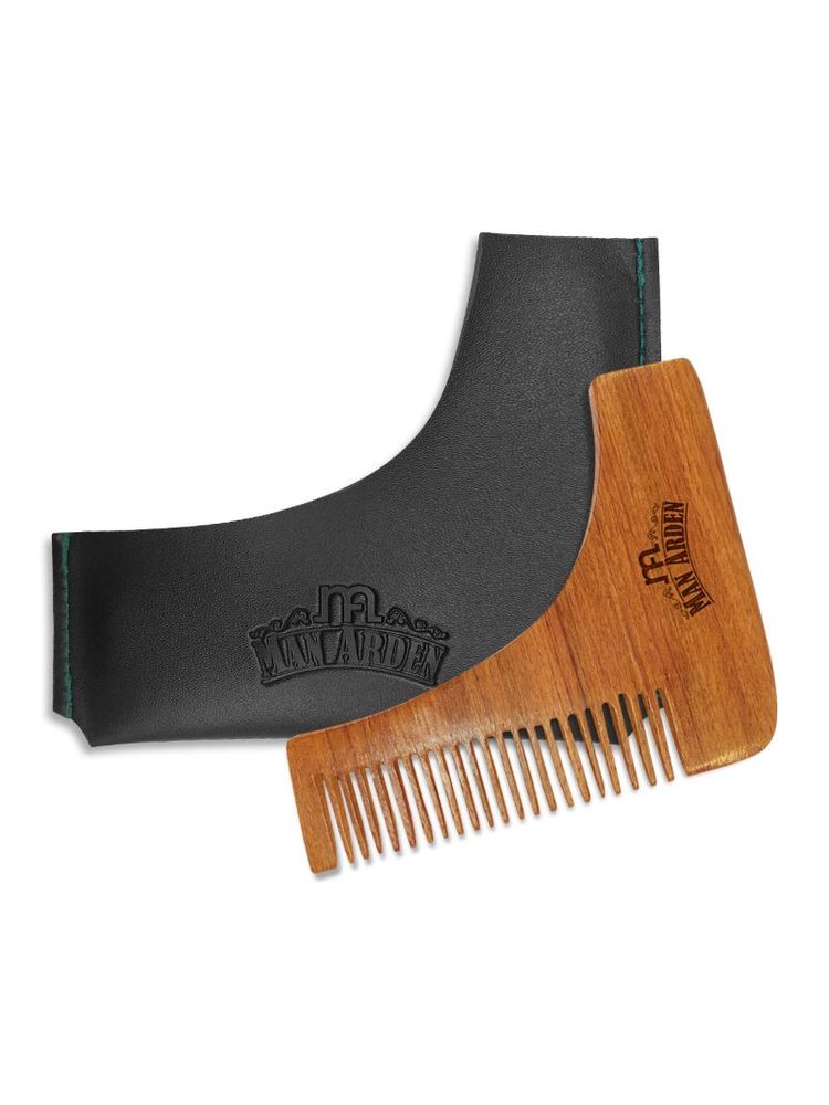 Man Arden Neem Wooden L Shaped Beard Comb With Premium Faux Leather Pouch