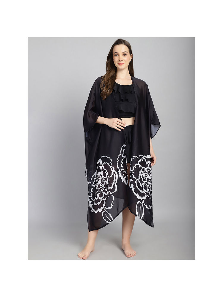 Cukoo Black And White Floral Long Slit Cover Up Sarong