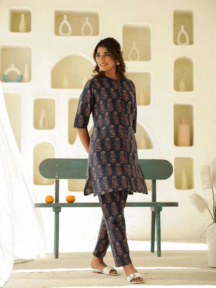 Clt.s Blue Cotton Floral Kurta and Pyjamas-image-5
