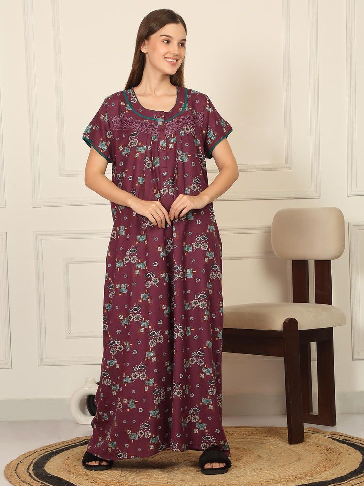 Sweet Dreams Womens Floral Printed Full Length Night Dress - Maroon-picture-27
