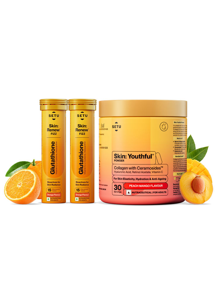 Setu Skin Glow & Youth Combo, Setu Glutathione Fizz Tablets + Collagen with Ceramosides (30 days)